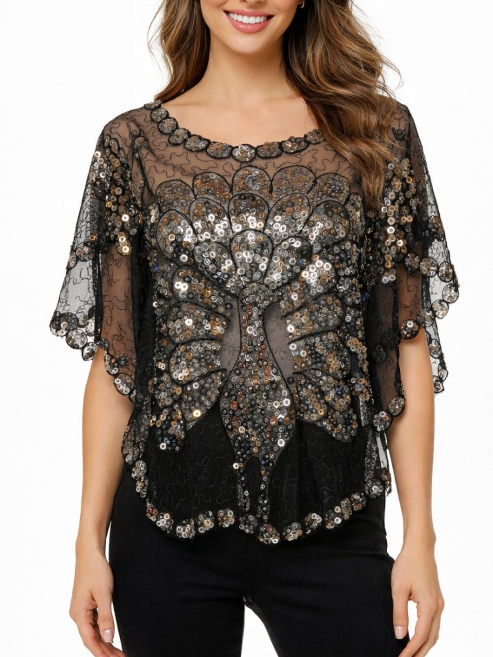 Vintage Unbranded Whimsigoth Sequin Peacock Mesh Poncho Capelet